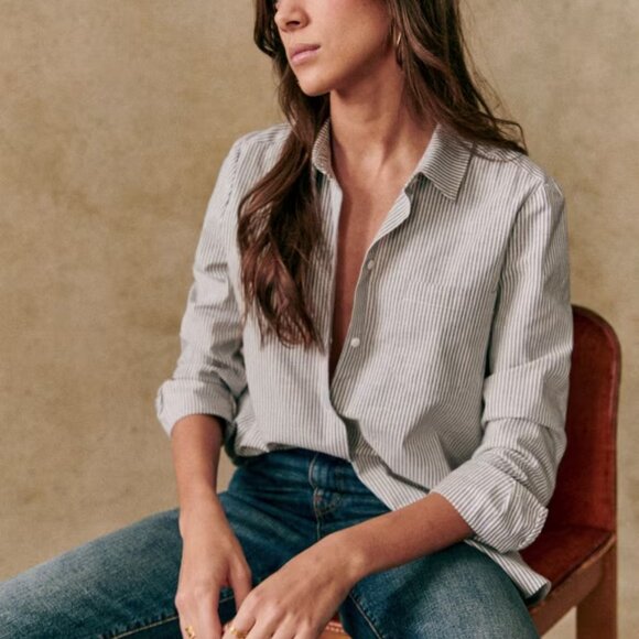 SEZANE Tomboy Button Down Collared Shirt Blue / Ecru Stripe 34 - Picture 2 of 6